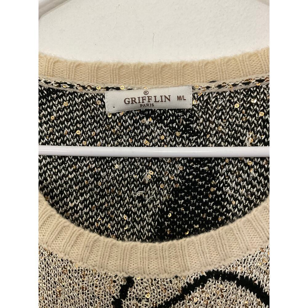 Grifflin Paris Wool Blend Sequin & Stars Black Gold Sweater Ribbed Trim Sz L - Picture 5 of 6
